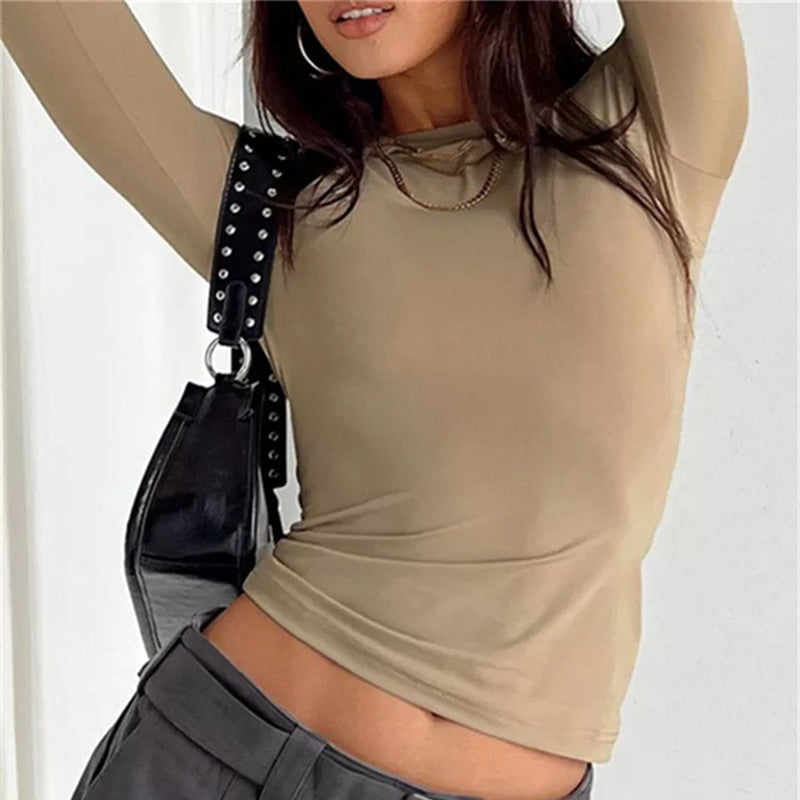 -Fall Outfits -Fall Outfits Long Sleeve Top  Vintage Crop Top Women Pullover Long Sleeve Tees Y2K Clothes Harajuku Streetwear Slim Fit T Shirt Woman Spring Basic T-Shirts