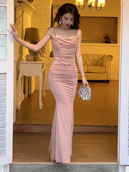 vmtvr - Fashion Elegant Dresses for Women Sleeveless Sexy Club Solid Spaghetti Strap French Party Evening Dress Female 2024 New Summer