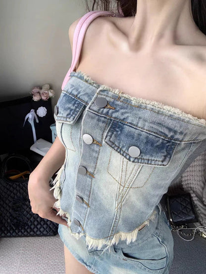 vmtvr 2024 Summer Vintage 2 Piece Skirt Set Women Casual Y2k Sleeveless Tops + Office Lady Slim Mini Skirt Fashion Sweet Denim Suits