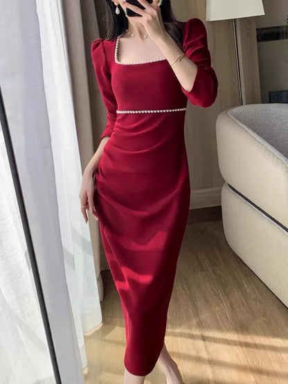 vmtvr Autumn Fashion Vintage Women Red Dress Sexy Bodycon Slim Party Wedding Dresses Chic Elegant Female Clothes Robe Vestidos