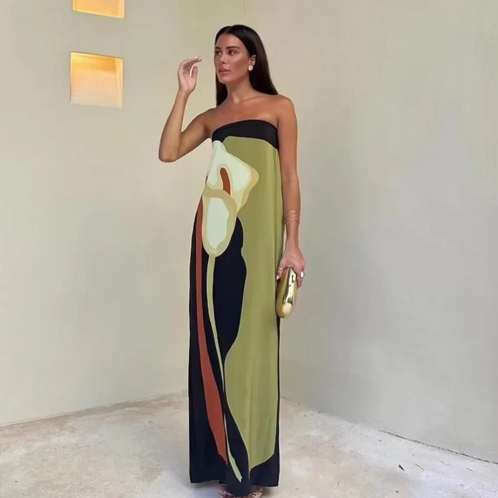 vmtvr  -  Strapless Holiday Dress Women Fashion Print Casual Loose Long Dresses Summer Elegant Sleeveless Bohemia Beach Tube Dress