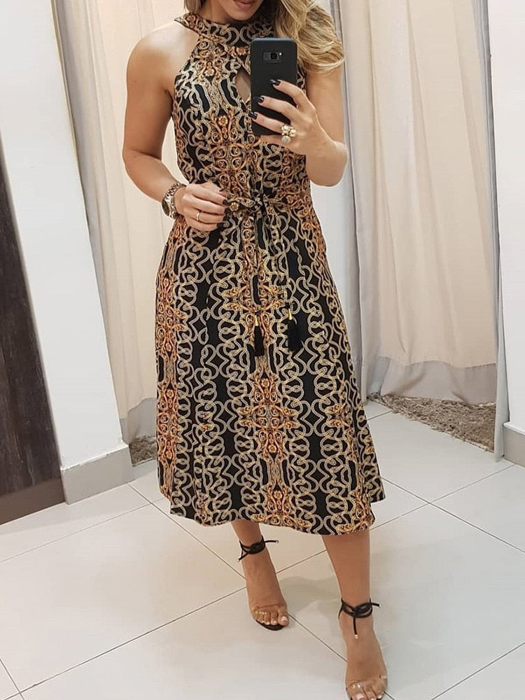 vmtvr Women Fashion Clubwear Elegant Sexy Dress Club  Sleeveless Baroque Print Sleeveless Midi Dress