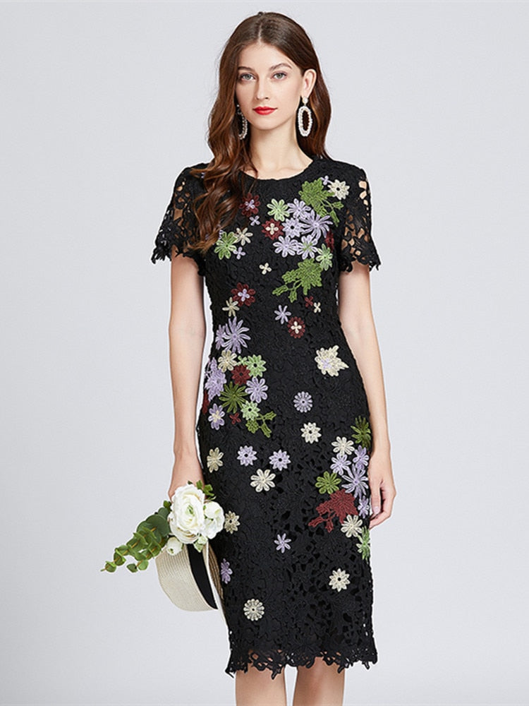 Summer Runway Water Soluble Lace Embroidery Flower Dress Women Short Sleeve Black Hollow Out Floral Party Bodycon Vestidos