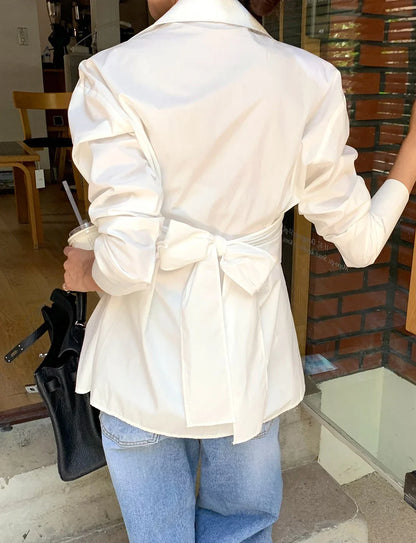 vmtvr Women Lapel White Bow Blouses Office Ladies Long Sleeve Single-breasted Loose Female Shirts Spring  Summer 2024