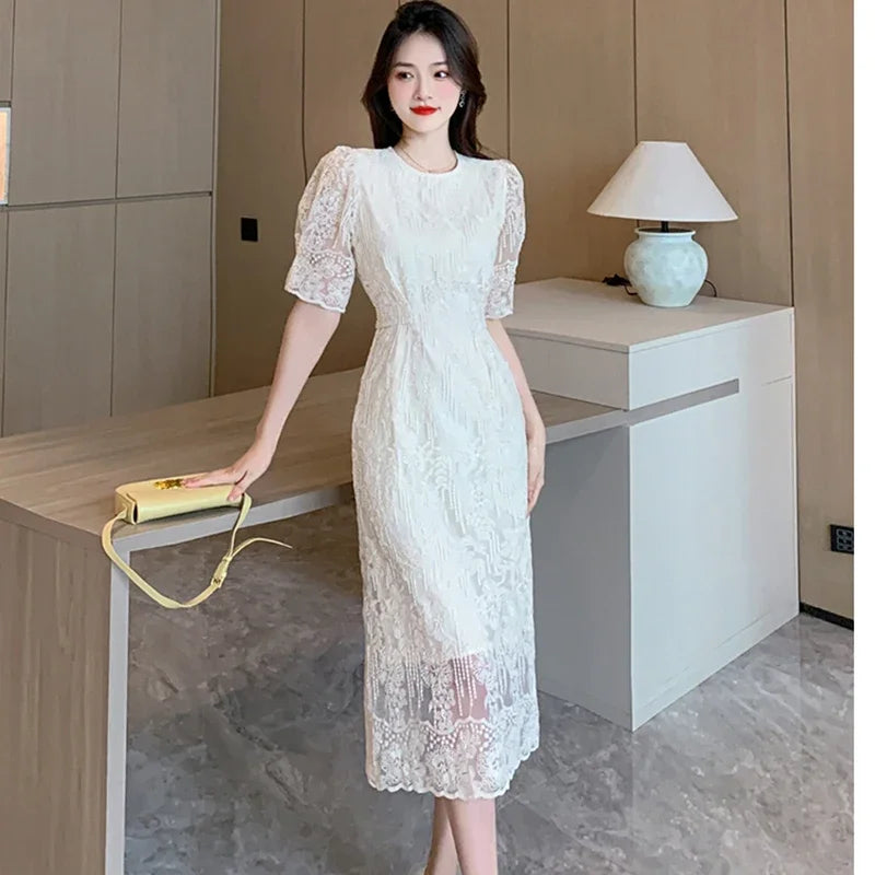 vmtvr Summer White Lace Hook Flower Hollow Midi Dress Women Fashion Chic Luxury Party Evening Dress 2024 Korean Vintage Festival Dress