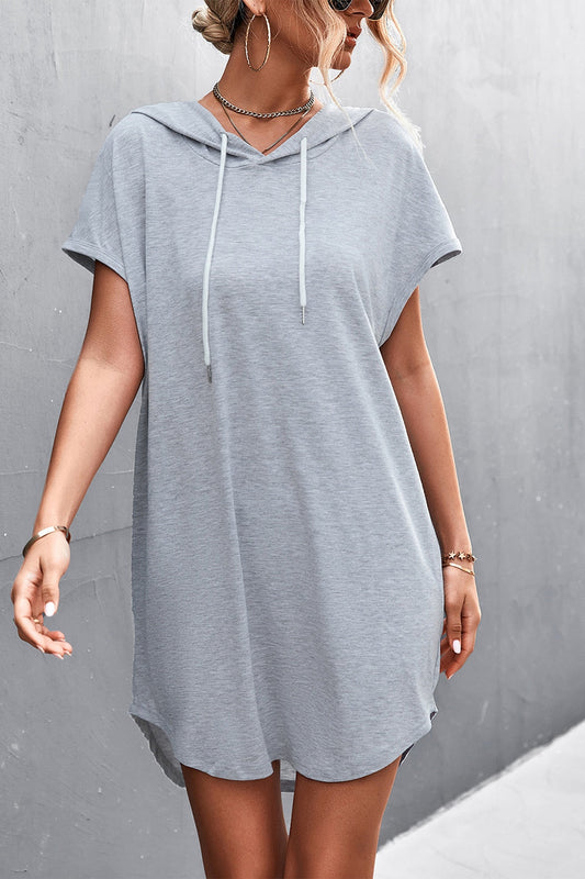 vmtvr - Grey Loose ShortSleeve Hooded Dress Women Streetwear Simple Casual Sports Dresses SolidColor Hoody Dress Casual Basic Mini Dress