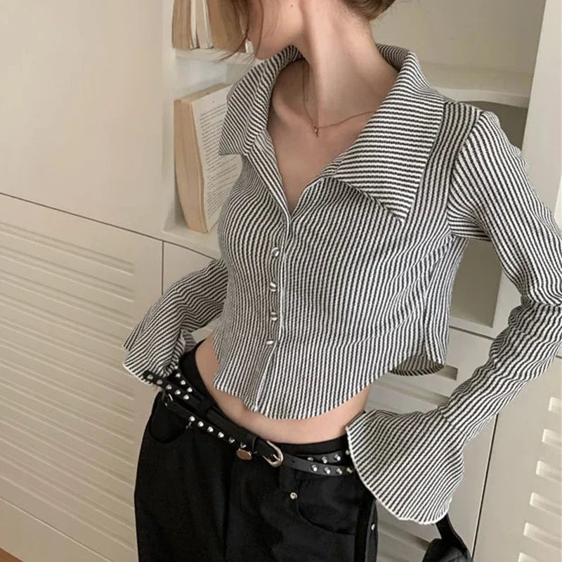 vmtvr Harajuku Striped Women Shirts Korean Fashion Flare Sleeve Sexy Cropped Tops Summer All Match Female Streetwear Slim Shirts