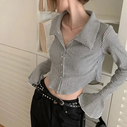 vmtvr Harajuku Striped Women Shirts Korean Fashion Flare Sleeve Sexy Cropped Tops Summer All Match Female Streetwear Slim Shirts