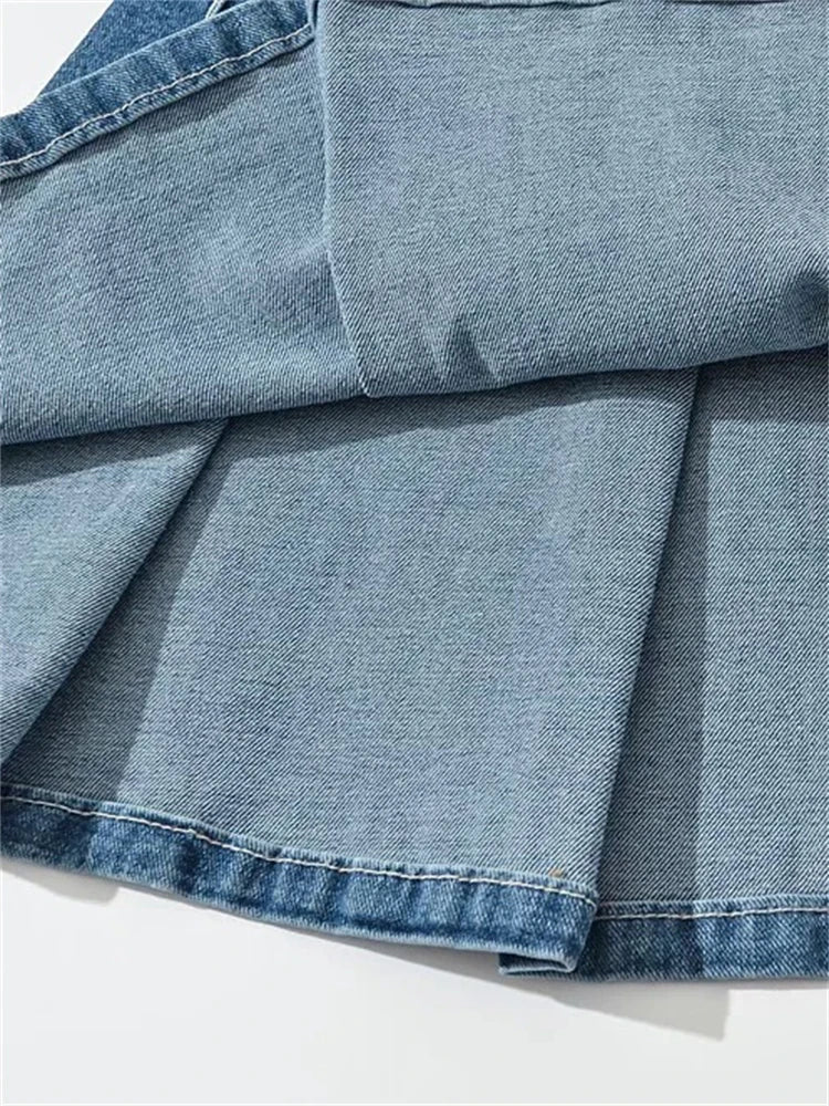 vmtvr Summer New TARUXY Denim Y2k Skirt with Pleats and Belt 90s E-girl Korean Skirts For Women High Street Jeans Short Bottom