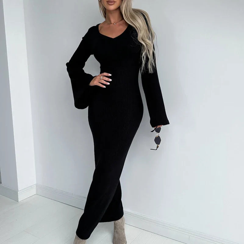 vmtvr Autumn Casual Solid Rib Knitted Long Dress Women Elegant V-neck Slim Bodycon Maxi Dress Winter Flare Long Sleeve Boho Lady Dress