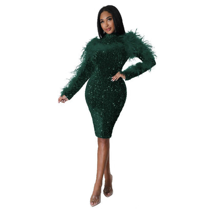 Luxury Evening Dresses for Women Elegant Long Sleeve Backless Sequins Feathers Bodycon Package Hip Night Club Party Dress