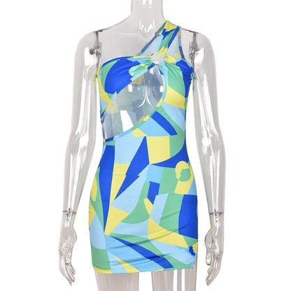 vmtvr Fashion Geometric Print Women Dresses Summer  Club Asymmetrical Cut Out One Shoulder Bodycon Mini Dress D82-BB15