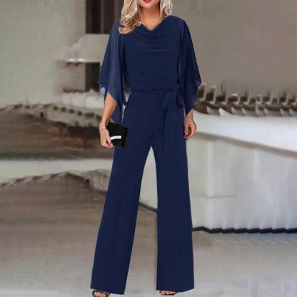 vmtvr Office Lady Solid Mesh Straight Jumpsuit Spring Crew Neck Lace-up Belted Women Rompers New Summer Short Sleeve Playsuit Overalls