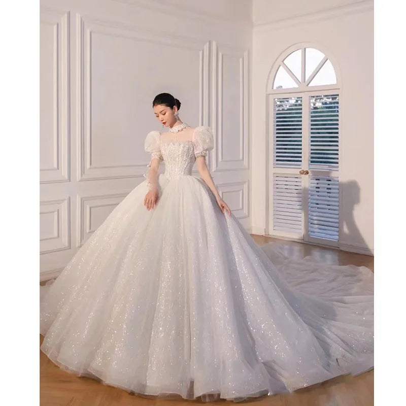 vmtvr  -  Bride dresses French Wedding Dress Princess Big Tail Lace Luxury Puff sleeve Shining sequin LAS407