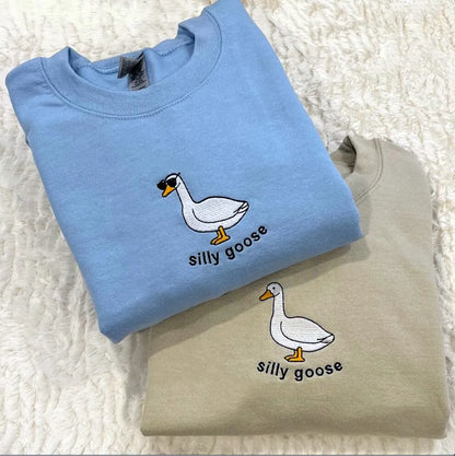 -Retro sports style outfit streetwear 90s fashion Silly Goose Cute Cartoon Embroidered Oversize Women Sweatshirts Long Sleeve Cotton Sky Blue Cute Pullover Cotton Vintage Jumpers