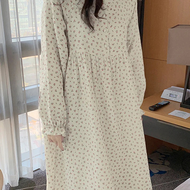 vmtvr   -  Muslin 100%Cotton Gauze Fashion Print Women Dress Casual Chic Long Sleeve Button Up Oversized Long Dresses Comfortable Homewear