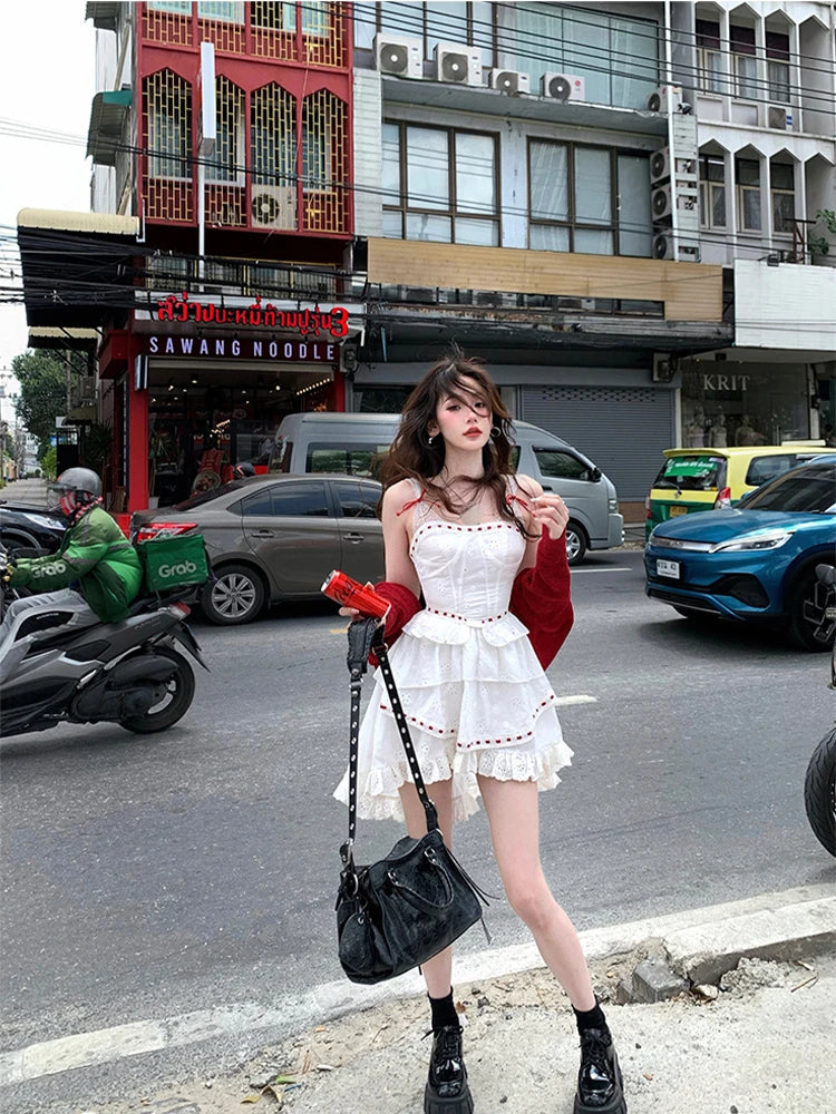 Beach Style Y2k Mini Dress Women Casual Sleeveless Strap Dress Even Party Clothing Korean Fashion Elegant Summer 2024