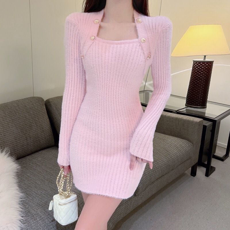 vmtvr - Fashion Korean Mini Dresses Female Autumn Winter 2023 Sexy Bodycon  Wrap White Short Women&#39;s Sweater Knitted One-piece Dress Hit