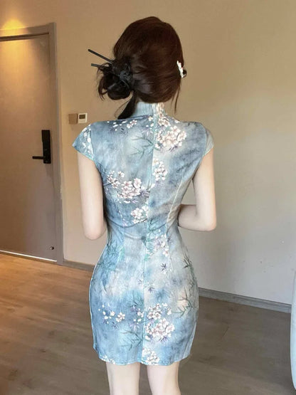 vmtvr  -  New Chinese Style Improved Cheongsam Printed Summer Dresses For Women Slim Waist Sheath Party Dress Vestidos Robe Femme