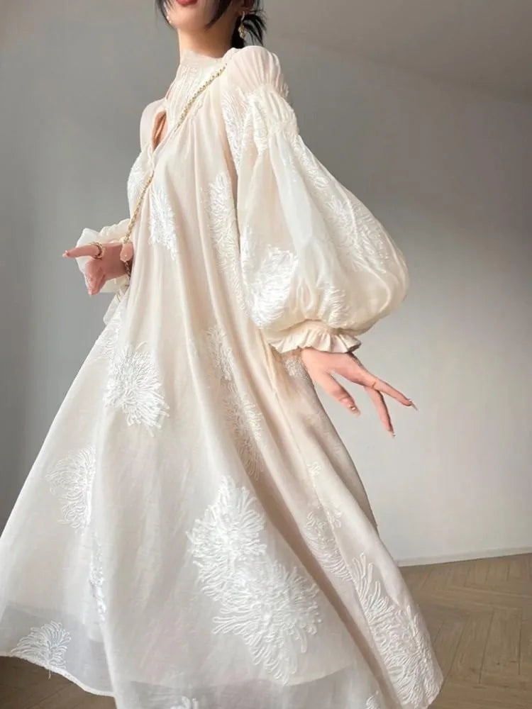 vmtvr Spring Summer Women Embroidery Casual Party Dresses Elegant Lantern Sleeve Vintage A-Line Dress Female Fashion Vestidos Robe