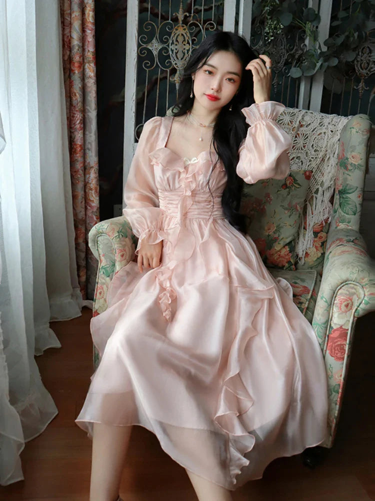 2024 Autumn Vintage Party Midi Dress Women Pink Fairy Korean Style Sweet Dress Female Bubble Sleeve Elegant Evening Party Dress