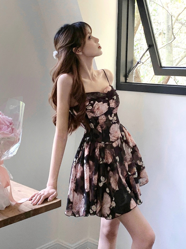 vmtvr - 2023 Summer Korean Fashion Elegant Sweet Floral Dress Female V Neck Y2k Short Party Dress Bodycon Lolita Sexy Mini Dress Beach