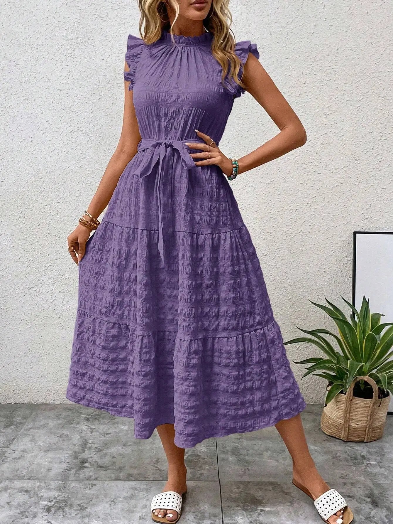 vmtvr  -  Ladies summer new fashion ruffled flying sleeves lace-up textured dress Office Lady dress