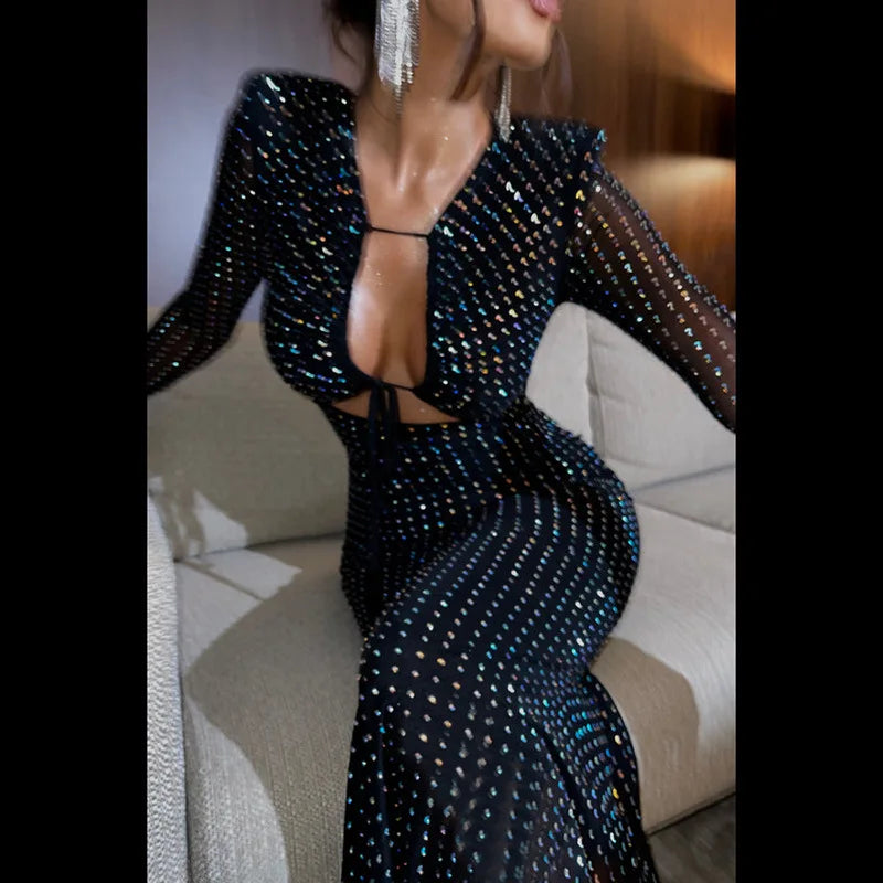 vmtvr Fashion Sequins Tie Front Maxi Dress for Women Elegant Party Club Outfits for Women Long Sleeve Bandage Dresses