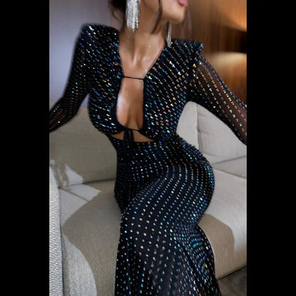 Fashion Sequins Tie Front Maxi Dress for Women Elegant Party Club Outfits for Women Long Sleeve Bandage Dresses