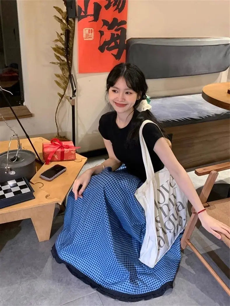 vmtvr Vintage Skirts for Women Korean Jupe High Waist A-line Loose Saia 2024 Faldas Casual Chic Plaid Summer Long Skirt