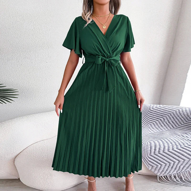 vmtvr Elegant Deep V-neck Short Sleeve Party Dress 2024 Summer Casual Solid Color Maxi Dress Women Fashion Pleated Long Dress Vestidos