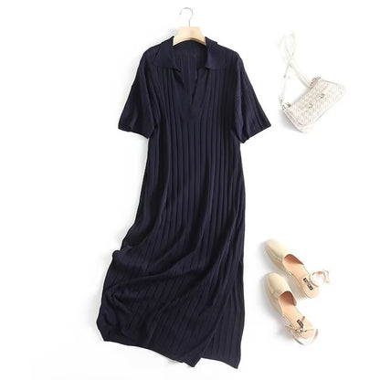 New Autumn Women Vintage Navy Blue Short Sleeve Rib Knit Dress Office Ladies Side Slits Casual Loose Midi Dress