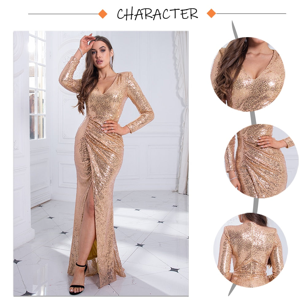 vmtvr - Formal Dinner V Neck Long Sleeve Gold Stretch Sequin Evening Party Dress Split Full Lining Pad Shoulder Prom Gown Winter Women