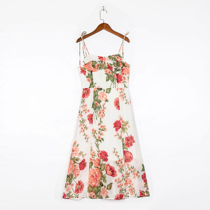 Summer Dresses For Women Elegant Vintage Floral Print Dress Sweetheart Neck Spaghetti Strap Midi Dress With Slit Sundress