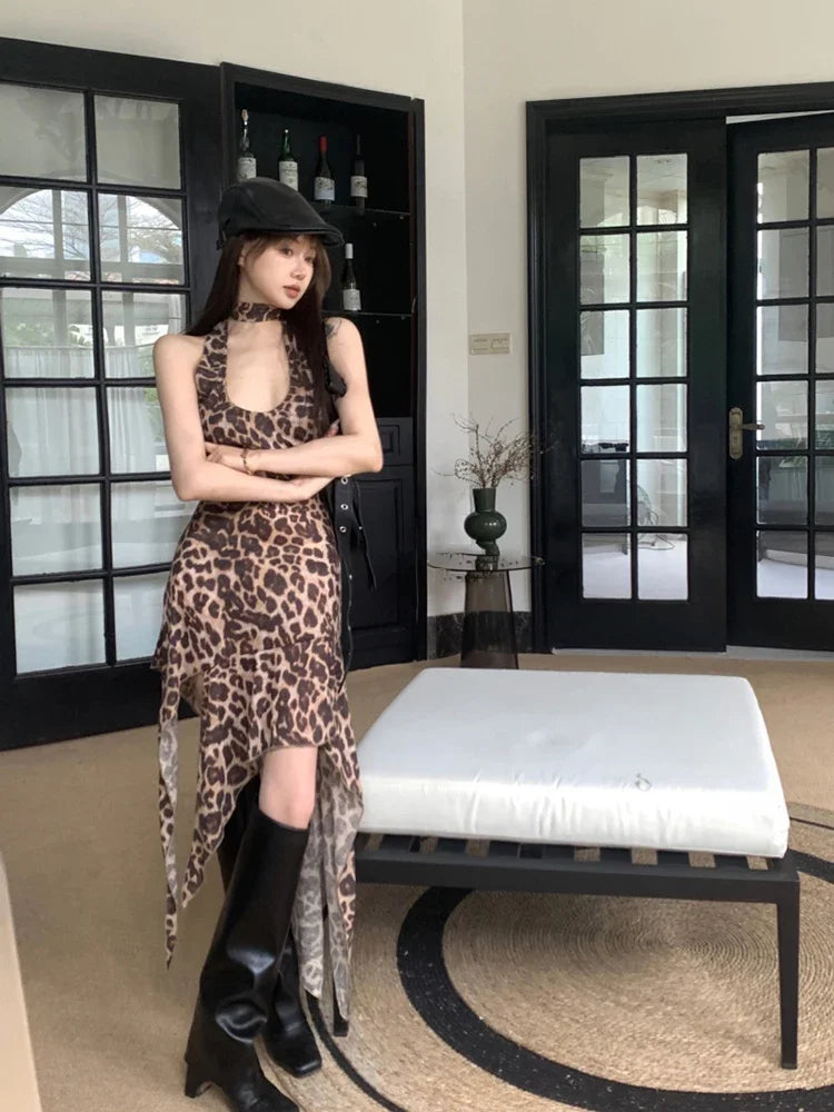 vmtvr  -  New Summer Fashion Korean Classic Leopard Print Chicly Halter Female Camole Dresses Sexy Casual Simple Slim Waist Women Dresses