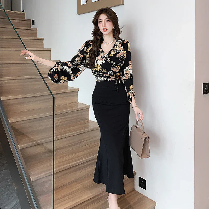 vmtvr New French Vintage Floral Dress for Women Long Sleeve Two Piece V-Neck Trumpet New Autumn Winter Fashion Dress Sets