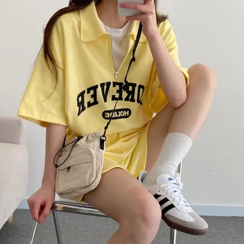 - Oversized Loose Letter Blouses Shorts Sets Female 2 Piece Set Women Outfit Casual Korean Suits Y2k Womens Summer Short Sets