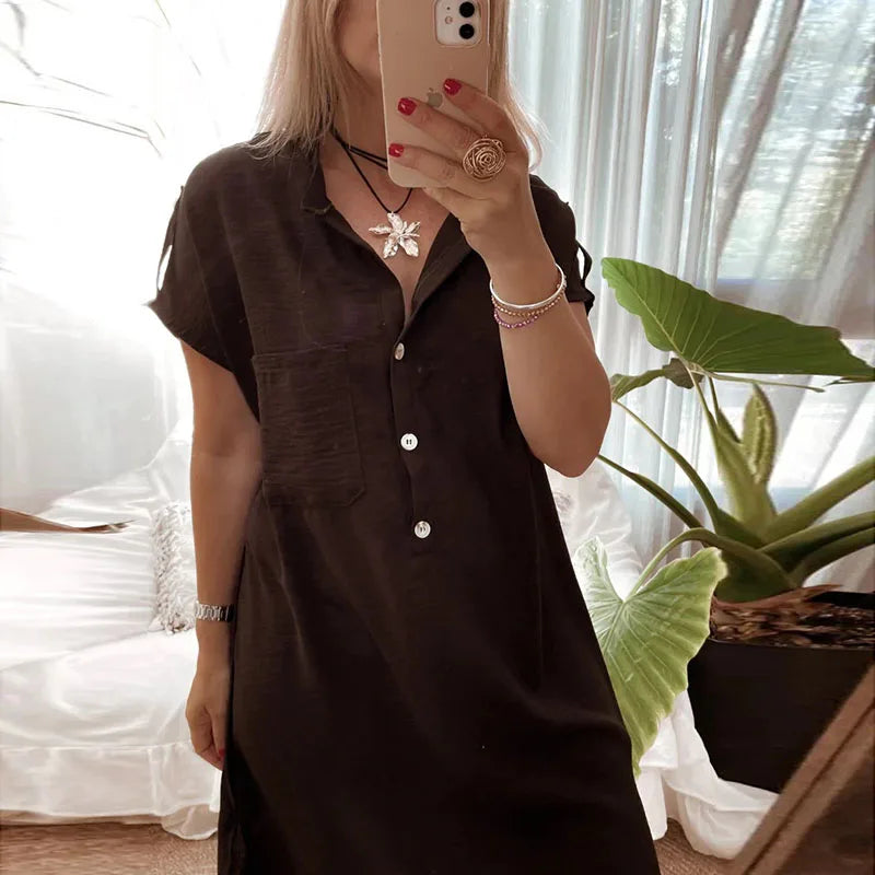 vmtvr  -  Elegant Lapel Split Thin Shirt Dress Women Fashion Button Solid Loose Party Dress Casual Short Sleeve Cotton Linen Long Dresses