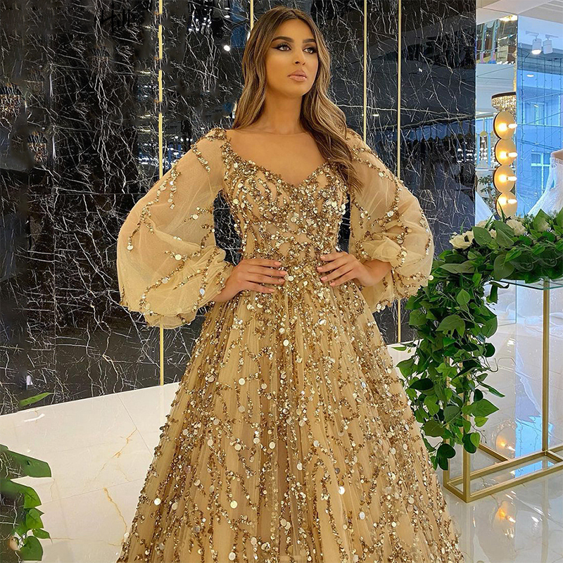 Luxury Gold Sequins Beads Prom Dresses Long Puff Sleeves A-line Wedding Woman Party Evening Gown Custom vestidos de fiesta