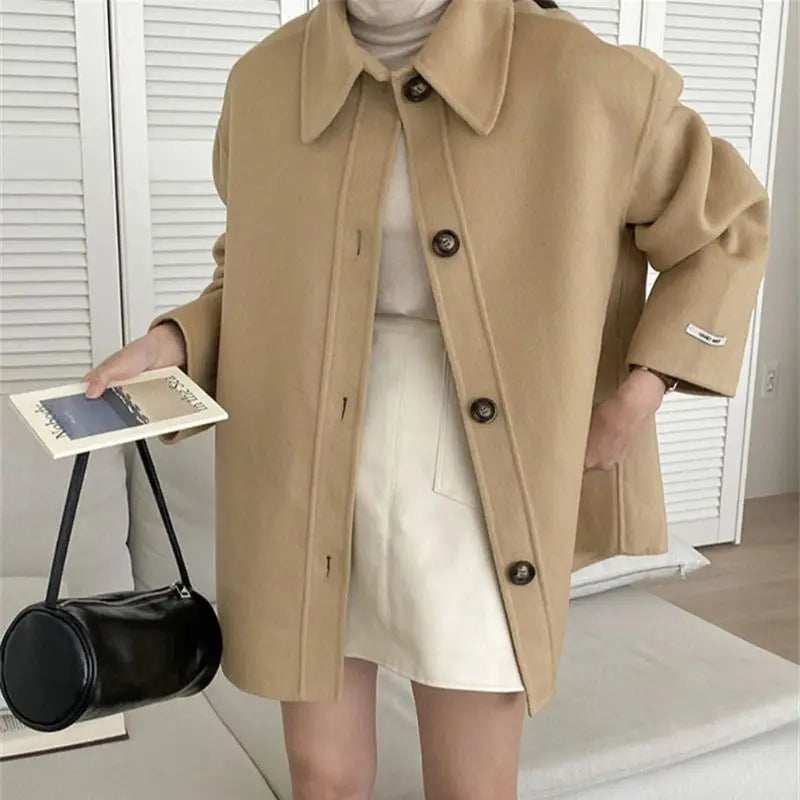 vmtvr Retro Winter Woolen Coat Women Loose Lapel Long Sleeve Lace-up Single-Breasted Jacket New Elegant Mid-Length Casual Outwear