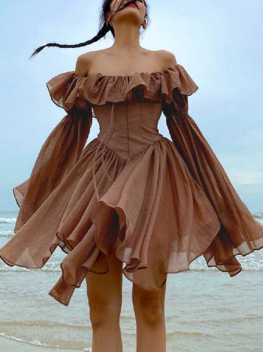 vmtvr Elegant Chiffon Corset Dress Brown Flare Long Sleeve Mini Dresses Vacation Short Party Dress Ruffles Slash Neck Outfit