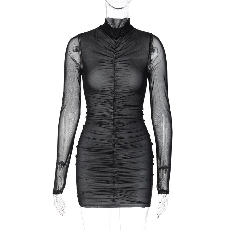 vmtvr - Fashion Woman Clothes Autumn See Through Long Sleeve Folds Mesh Patchwork Bodycon Package Hip Mini Dress Streetwear Black