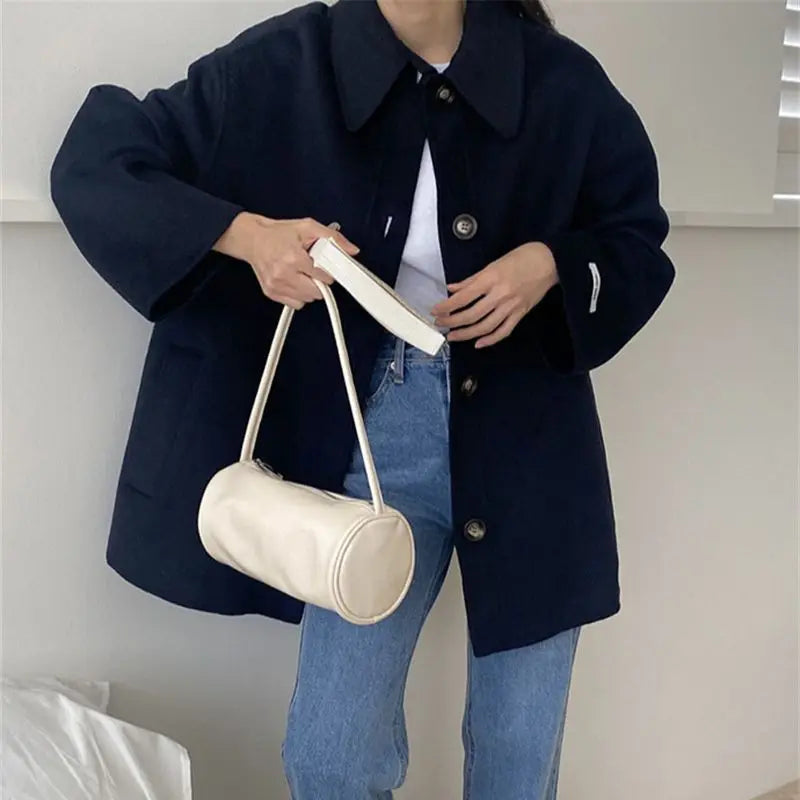 vmtvr Retro Winter Woolen Coat Women Loose Lapel Long Sleeve Lace-up Single-Breasted Jacket New Elegant Mid-Length Casual Outwear