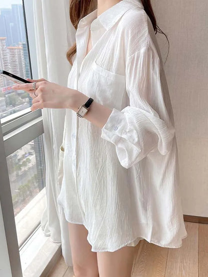 -Korean Style Shirt Women Summer  Sunscreen Blouse Ladies Ice Silk White ong Sleeve Sun Protection Cardigan Thin Coat