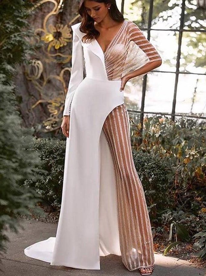 Women Sexy Mesh Irregular Patchwork Split Long Dress Female V Neck Long Sleeve Maxi Dresses Lady Elegant Party Evening Dresses