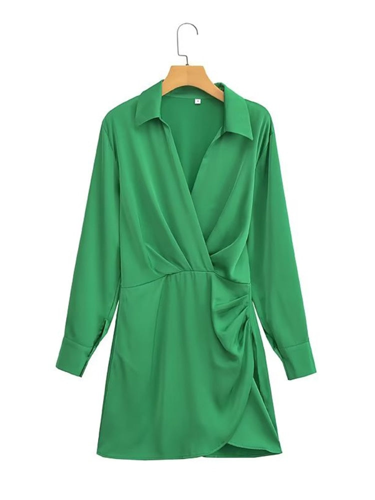 New Women Green Satin Ruched Mini Dress Vintage Lapel Collar Long Sleeve Office Ladies Dresses