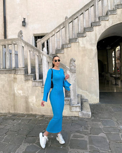 vmtvr - Flared Long Sleeves Split Maxi Dress Women Fashion Blue O-neck Sweater Dresses Female Elegant Bodycon Vestidos