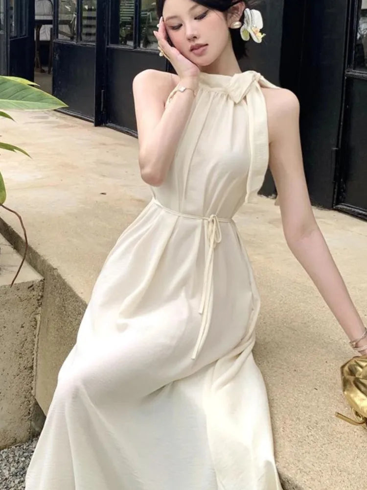 vmtvr Elegant Dresses for Women Solid New Summer Holiday Style Halter Sleeveless A-line French Evening Dress Party Prom Robe Vestido