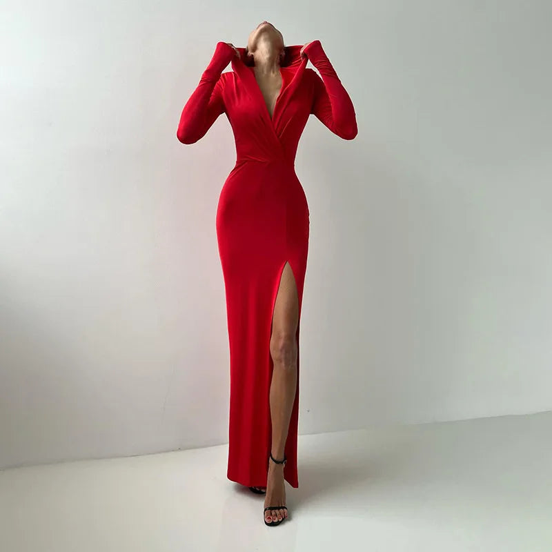 vmtvr  -  New V-neck Slit Long Dress Women's Sexy Long Sleeve Holiday Dress High Waist Elegant Slim Street Party Long Dress Y2k