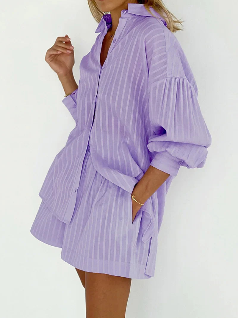 vmtvr Women Spring Summer Purple Striped Shorts Sets Loose Fit Outfits Blouse Suit 2 Two Piece Set For Women